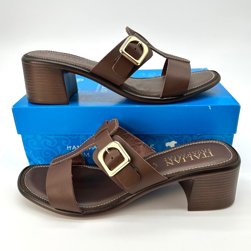 Block Heel Sandals Italian Shoemakers Vianey Womens Sz 11 Dark Brown Leather NEW